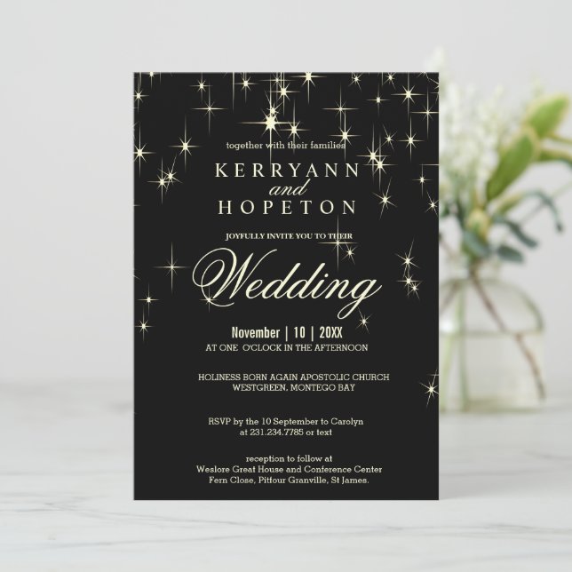 Invitación Elegante Starlight en negro y oro (Anverso de pie)