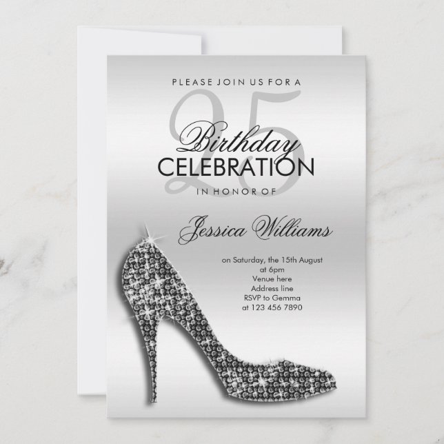 Invitación Elegante Stiletto de Secuencia Negra, Cumpleaños P (Anverso)