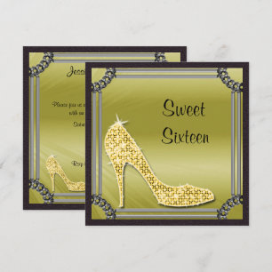 Invitación Elegante Stiletto Dorado en Marco de Plata Dulces