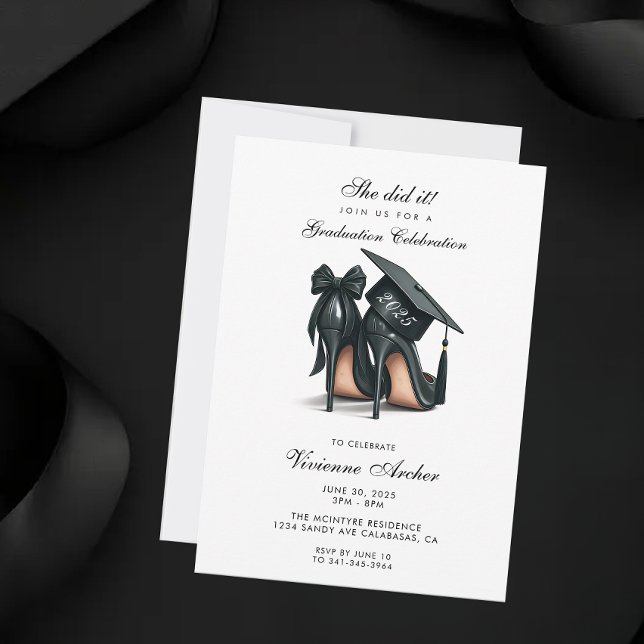 Invitación Elegante Stiletto Femenino y Graduación de Cap (Feminine Graduation Party Invitation | High Heels Graduation)
