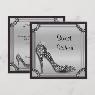 Invitación Elegante Stiletto Negro enmarcado en Plata Dulces 