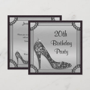 Invitación Elegante Stiletto Negro enmarcado en Plata para 20