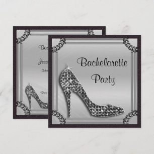 Invitación Elegante Stiletto Negro enmarcado en Plata para De