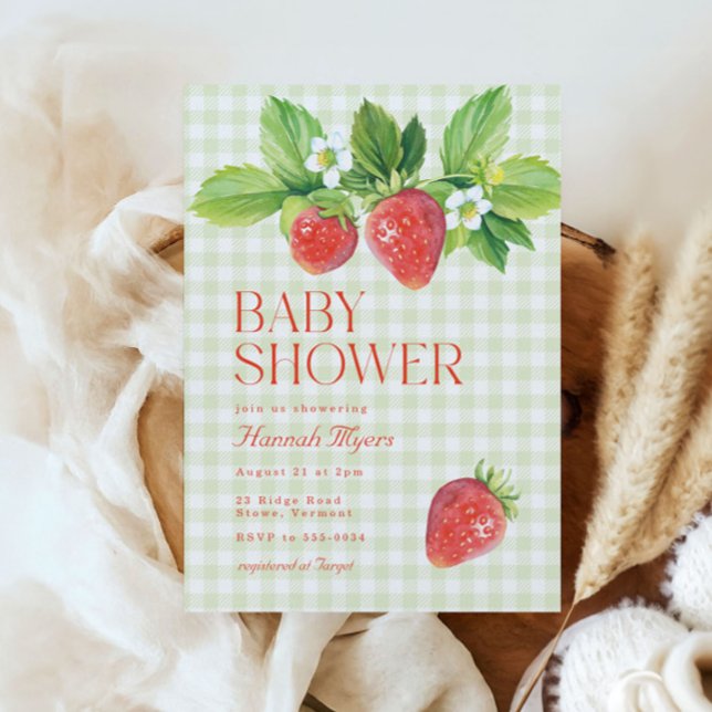 Invitación Elegante Strawberry Green Gingham Baby Shower (Subido por el creador)