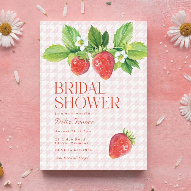 Invitación Elegante Strawberry Pink Gingham Bridal Shower (Subido por el creador)