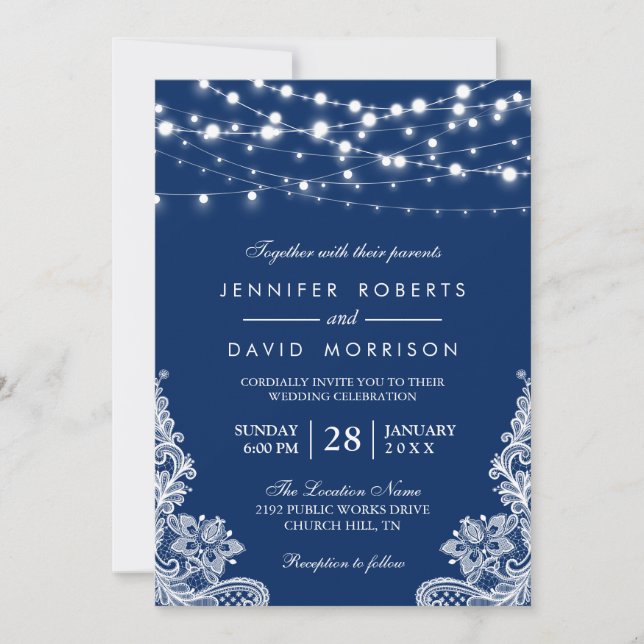 Invitación Elegante String ilumina el Boda azul de la Marina  (Anverso)