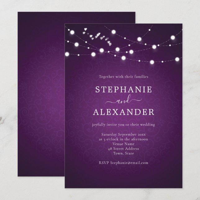 Invitación Elegante String ilumina el Boda púrpura de los cor (Anverso / Reverso)