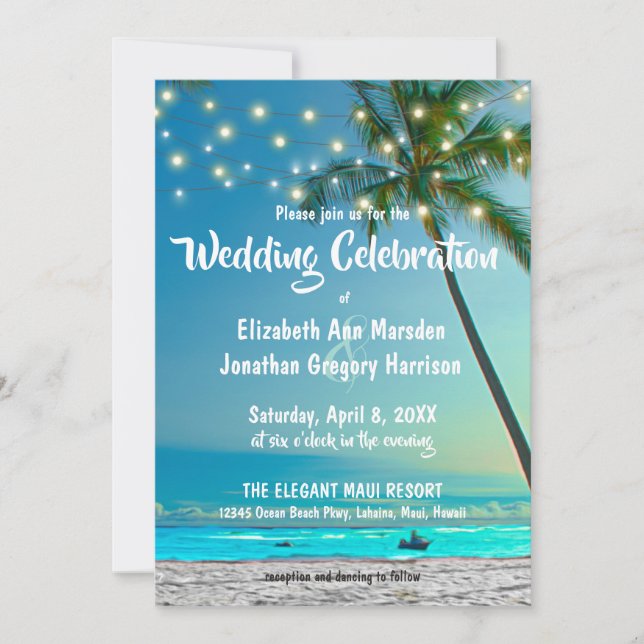 Invitación Elegante String ilumina la boda tropical de playa (Anverso)