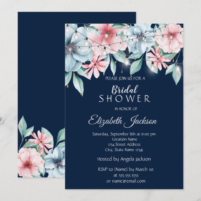 Invitación Elegante String ilumina la ducha de novia floral (Anverso / Reverso)