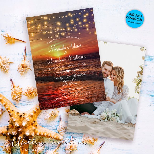 Invitación Elegante String Lights Photo Summer Beach Wedding (Subido por el creador)