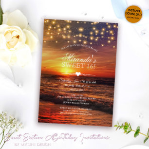 Invitación Elegante String Lights Summer Beach Sweet Dieciséi