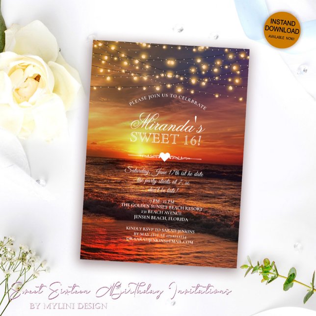 Invitación Elegante String Lights Summer Beach Sweet Dieciséi (Subido por el creador)
