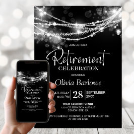 Invitación Elegante String Luces Black Retirement Fiesta