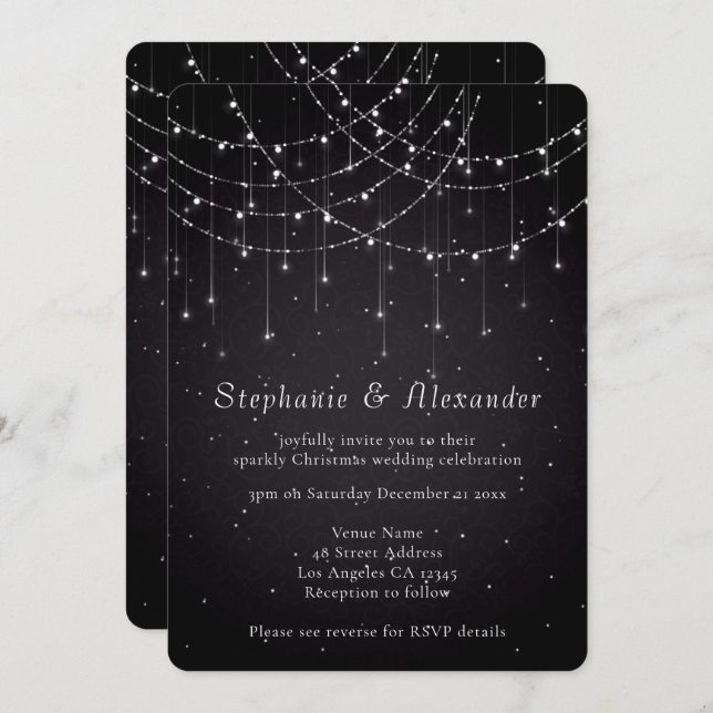 Invitación Elegante String Luces QR Código Damask Boda negro (Anverso / Reverso)