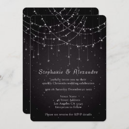 Invitación Elegante String Luces QR Código Damask Boda negro