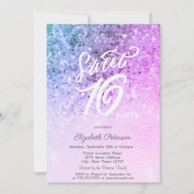 Invitación Elegante String Luces Violet Sequins Sweet 16 (Anverso)