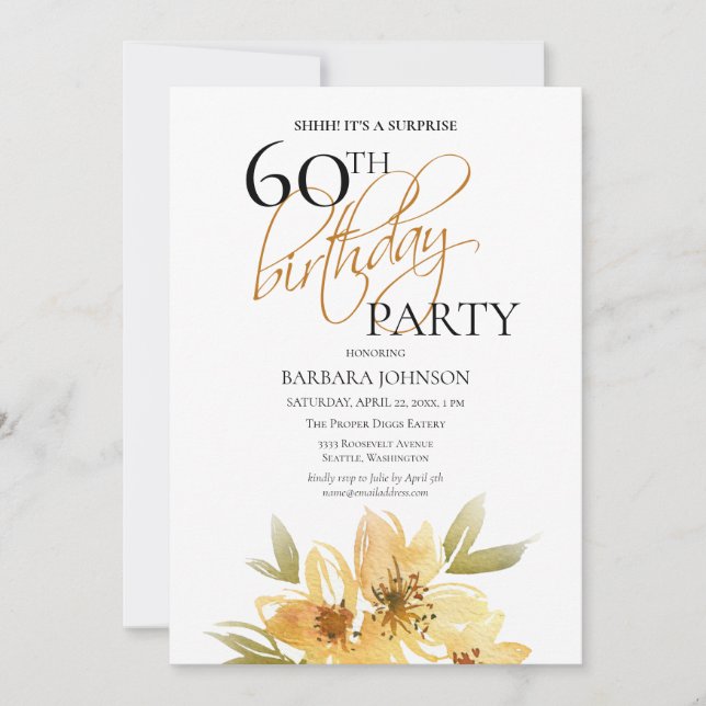 Invitación Elegante Suave Amarillo Floral Sorpresa 60 cumplea (Anverso)