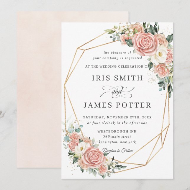 Invitación Elegante suave Rubor marfil floral Boda geométrico (Anverso / Reverso)