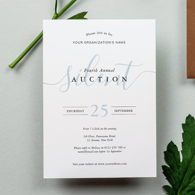 Invitación Elegante Subasta Silenciosa de Recaudación de Fond (Elegant modern white and dusty blue calligraphy script invitation design)