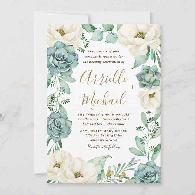 Invitación Elegante Suculento acuarela Marfil Floral Boda (Anverso)