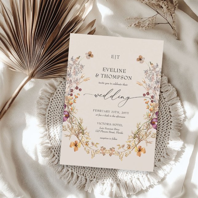 Invitación Elegante Summer Meadow Wildflowers Boho Boda (Elegant Summer Meadow Wildflowers Boho Wedding Invitation)