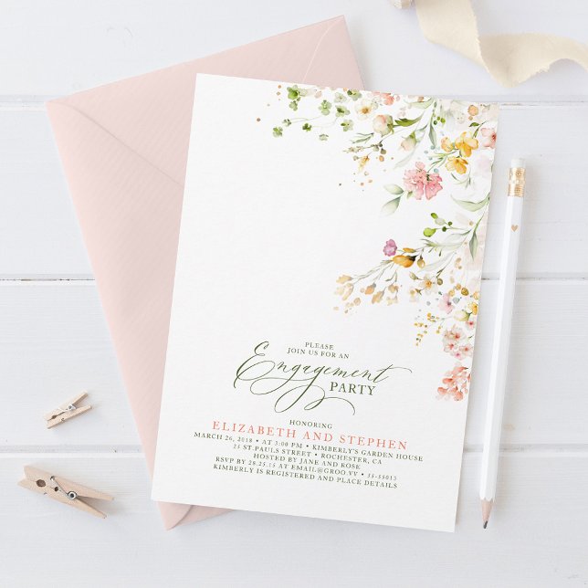 Invitación Elegante Summer Meadow Wildflowers Party Engagemen (Wildflowers Engagement Party Invitations)