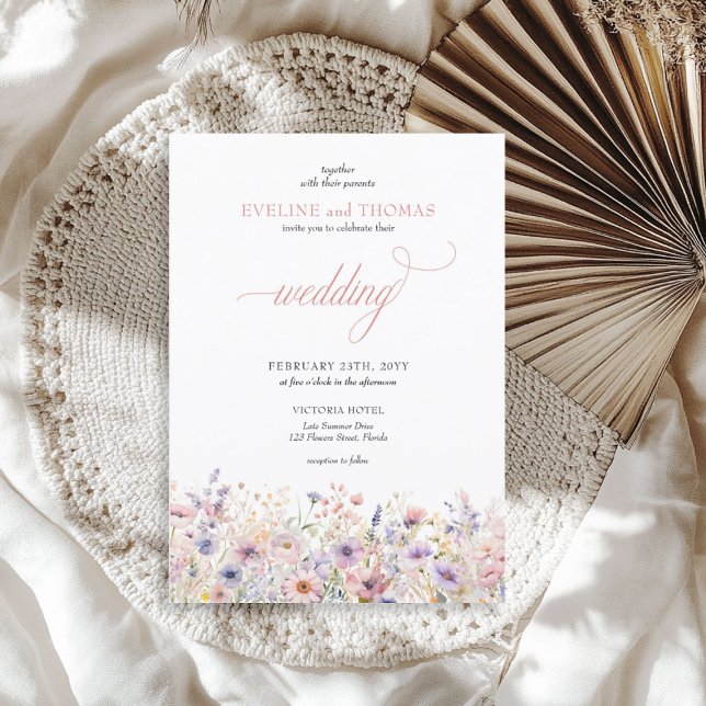 Invitación Elegante Summer Pink Purple Wildflowers Boho (Elegant Summer Pink Purple Wildflowers Boho Invitation)