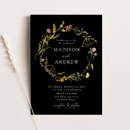 Invitación Elegante Summer Wildflower Wreath Boda negro