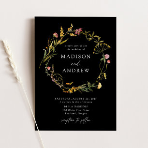 Invitación Elegante Summer Wildflower Wreath Boda negro