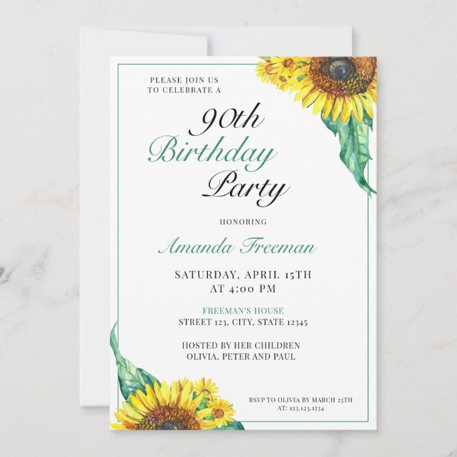 Invitación Elegante Sunflower 90 cumpleaños (Anverso)