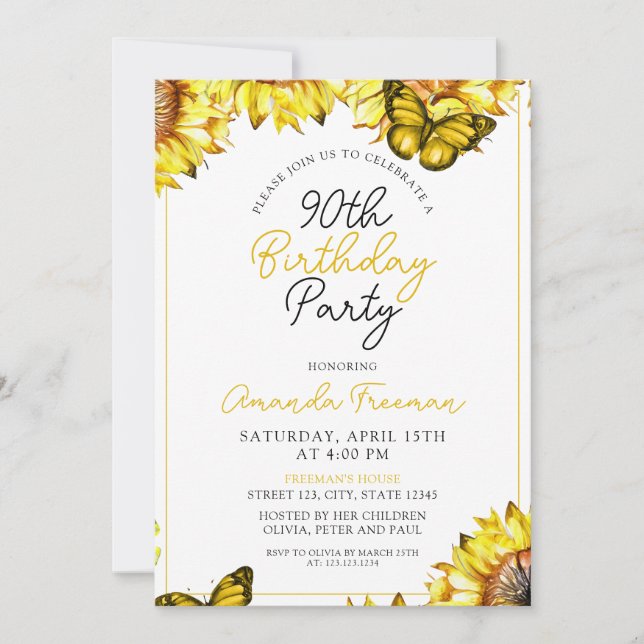 Invitación Elegante Sunflower 90 cumpleaños (Anverso)