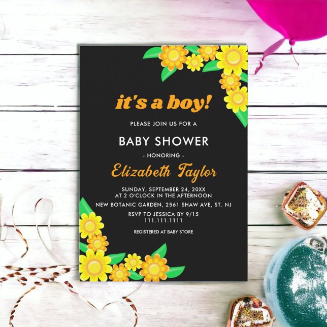 Invitación Elegante Sunflower Black Floral Boy Baby Shower (Subido por el creador)