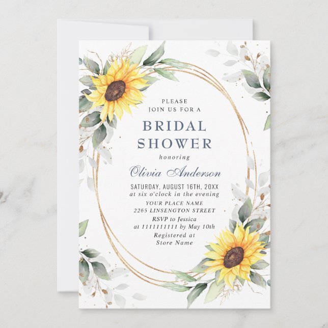 Invitación Elegante Sunflower Greenery Floral Bridal Shower (Anverso)