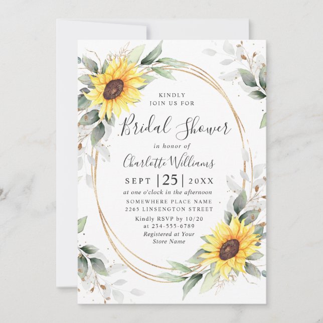 Invitación Elegante Sunflower Greenery Floral Bridal Shower (Anverso)
