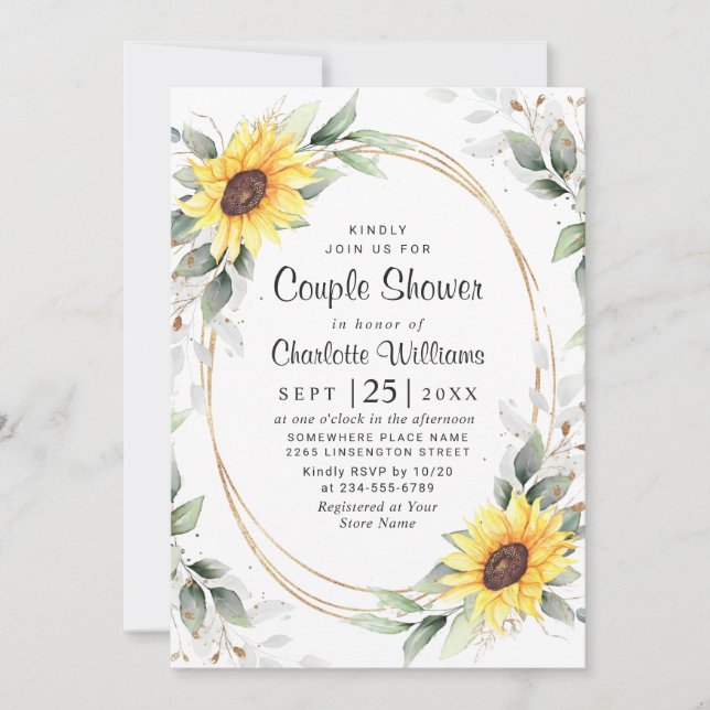 Invitación Elegante Sunflower Greenery Floral Couple Shower (Anverso)