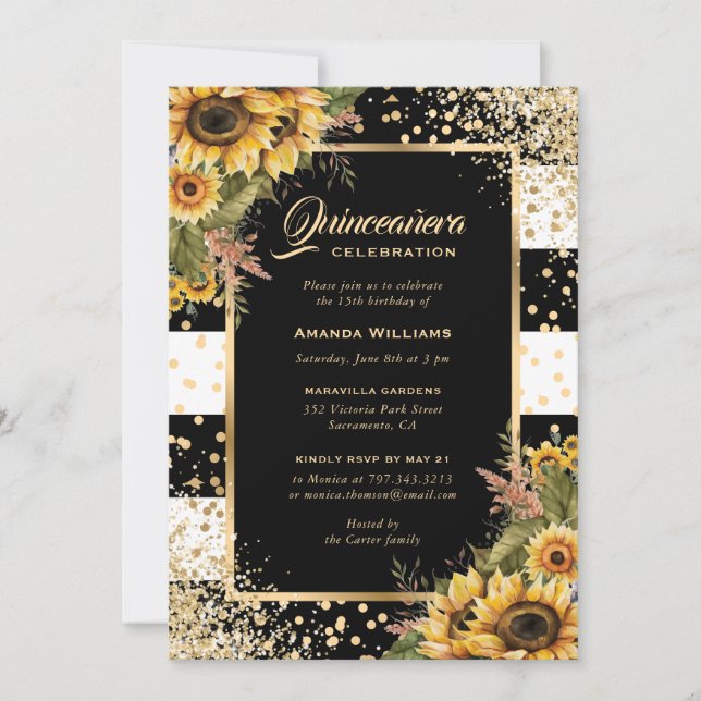 Invitación Elegante Sunflower Oro Blanco Negro Quinceañera (Anverso)