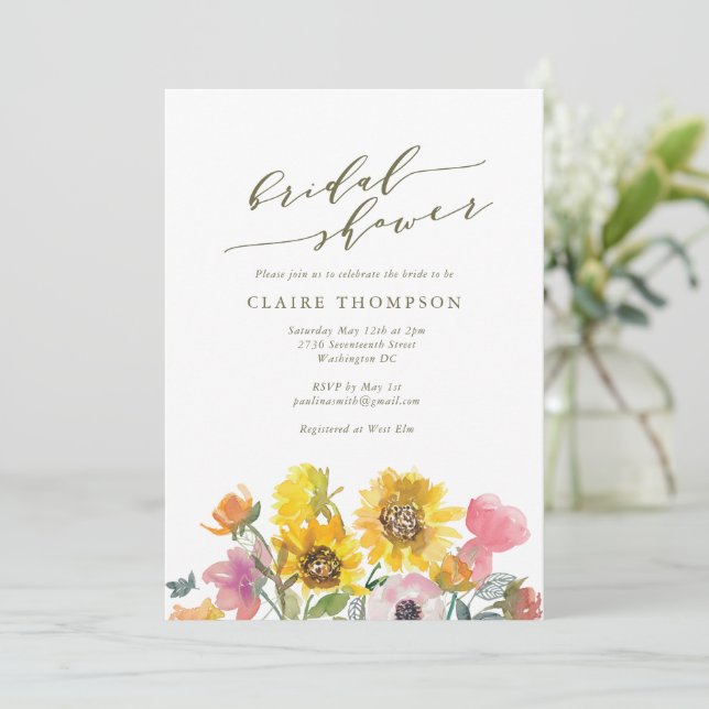Invitación Elegante Sunflower Watercolor Script Bridal Shower (Anverso de pie)
