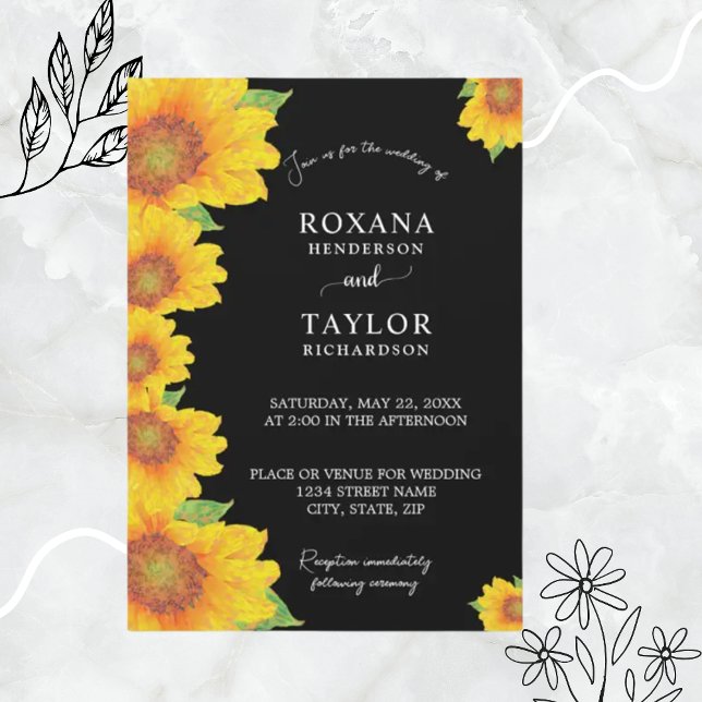 Invitación Elegante Sunflowers Black Backdrop Floral Boda (Subido por el creador)
