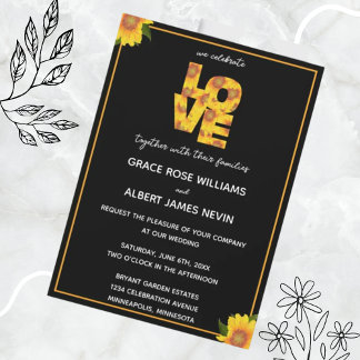 Invitación Elegante Sunflowers Black Backdrop LOVE Boda