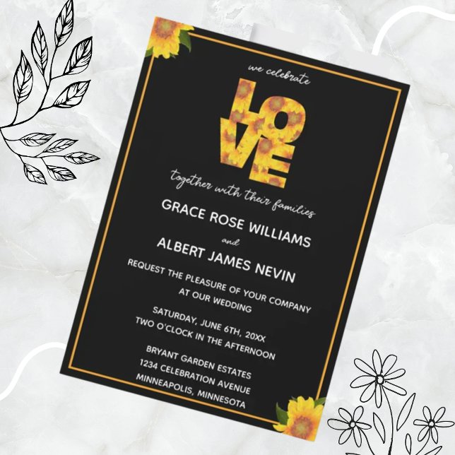 Invitación Elegante Sunflowers Black Backdrop LOVE Boda (Subido por el creador)