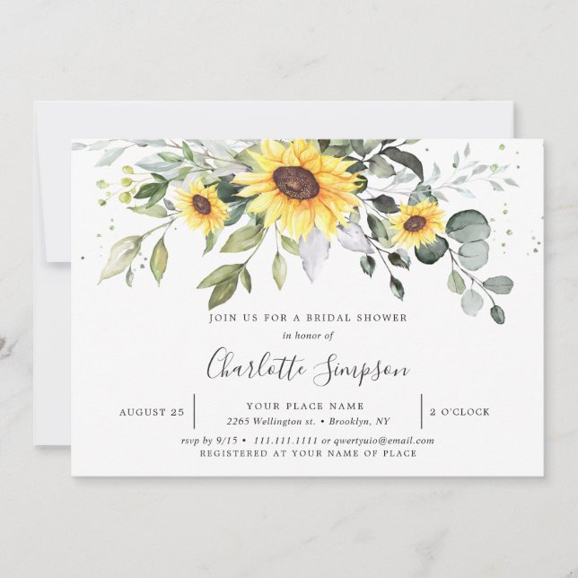 Invitación Elegante Sunflowers Eucalyptus Bridal Shower (Anverso)