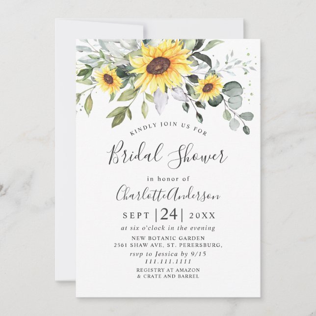Invitación Elegante Sunflowers Eucalyptus Bridal Shower (Anverso)