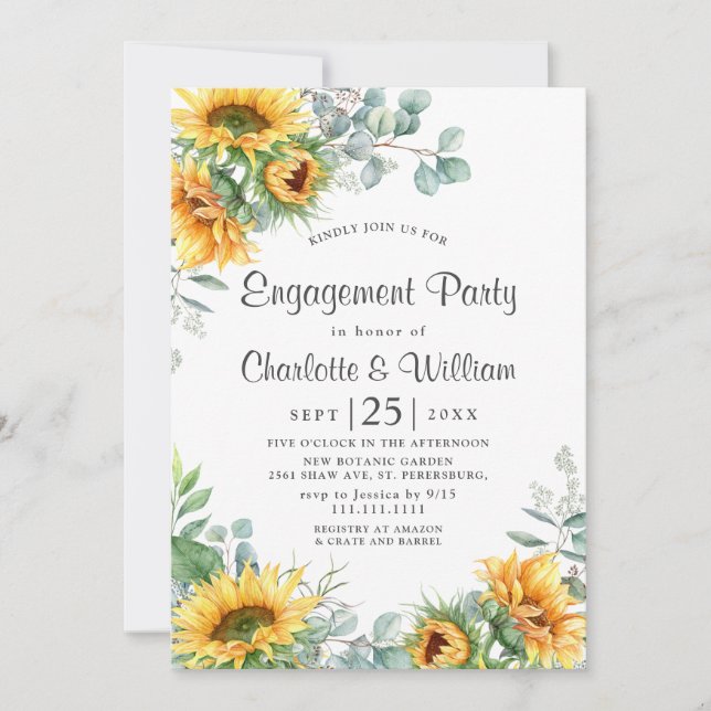 Invitación Elegante Sunflowers Eucalyptus Engagement Party (Anverso)