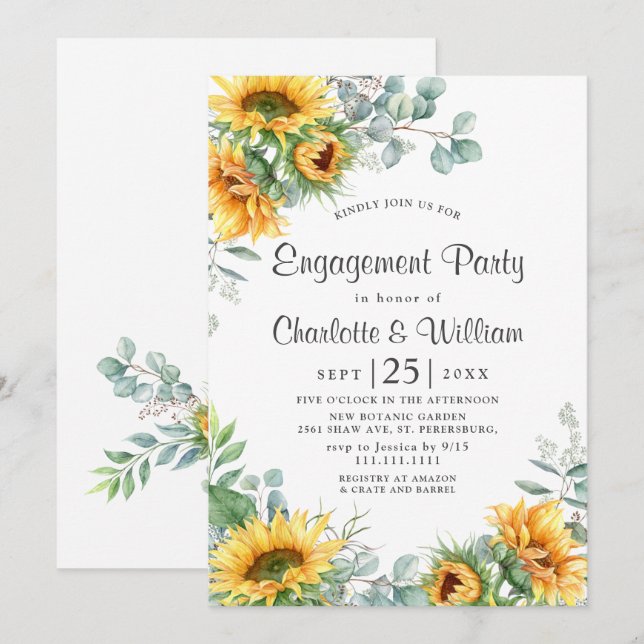 Invitación Elegante Sunflowers Eucalyptus Engagement Party (Anverso / Reverso)