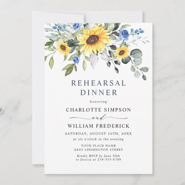 Invitación Elegante Sunflowers Eucalyptus REHEARSAL CENNER (Anverso)