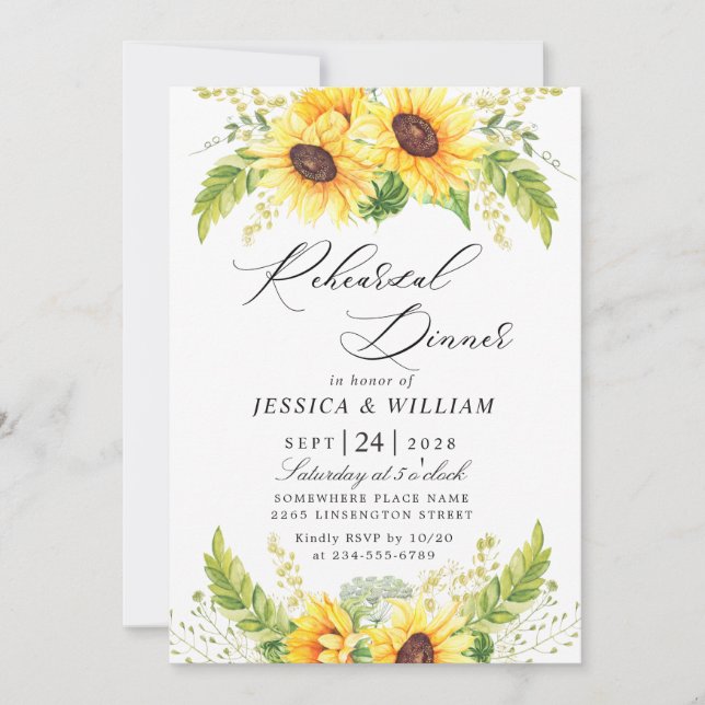 Invitación Elegante Sunflowers Eucalyptus REHEARSAL CENNER (Anverso)