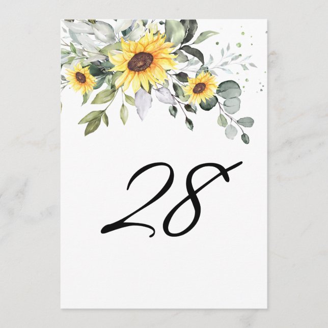 Invitación Elegante Sunflowers Eucalyptus Table Number (Anverso)