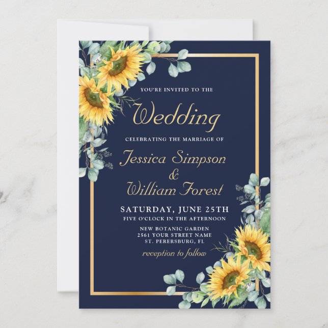 Invitación Elegante Sunflowers Eucalyptus Watercolor boda (Anverso)