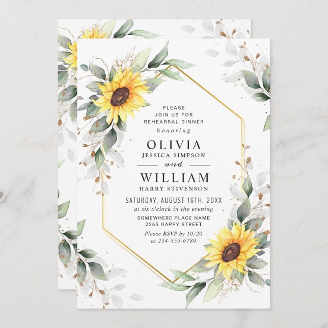 Invitación Elegante Sunflowers Greenery Rehearsal Dinner (Anverso / Reverso)