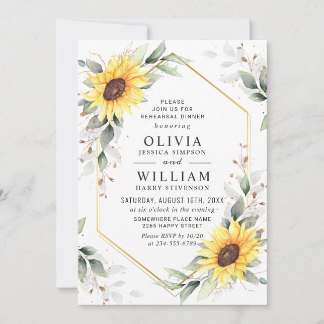Invitación Elegante Sunflowers Greenery Rehearsal Dinner (Anverso)